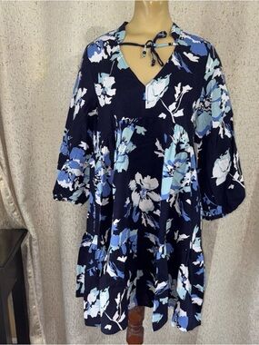 Ellen Tracy Navy Blue Floral Tunic Dress